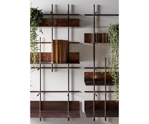 Designed by Massimo Castagna for Gallotti&Radice Wall bookcase, with structure and shelves in hand burnished copper. The copper is naturally stained and uneven. This craftsmanship gives each piece a particular uniqueness, making it exclusive. Available in two versions A and B. Actual product may vary from images shown on website. Please contact info@rifugiomodern.com  for finish and fabric samples.