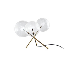 Designed by Massimo Castagna for Gallotti&Radice  Table lamp with dimmable LED light with 3 transparent mouth blown crystal spheres. Metal parts in hand burnished brass. Dimmer on the power cable. Bulbs (LED) included.  Cm (L x W x H) 58 x 52 x 44  Actual product may vary from images shown on website. Please contact info@rifugiomodern.com  for finish and fabric samples.