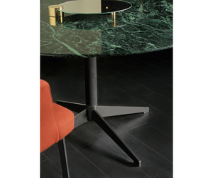 Designed by Massimo Castagna  Coffee table with black brushed open pore stained ash top. Also available with tempered hand decorated Craquelé glass top or in natural polished Verde Alpi or Bianco Carrara Gioia, in satin Nero Marquinia or brushed Fior di Pesco marble. Black hand brushed anodised aluminium base with black lacquered metal details.  Inches (Ø x H) Ø39½” x 18¾” Ø47¼” x 18¾”  Actual product may vary from images shown on website. Please contact info@rifugiomodern.com  for finish samples.