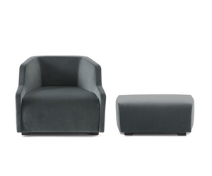 Designed by Massimo Castagna Armchair and pouffe in nondeformable foam polyurethane in different density and polyester fibre with wooden inside structure. Black lacquered wooden feet. Available covered by fabric or leather as per  Actual product may vary from images shown on website. Please contact info@rifugiomodern.com  for finish and fabric samples.