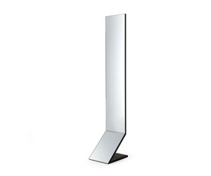 Designed by Ricardo Bello Dias  6mm mirror with self-supporting structure in folded metal and painted in Umbrian gray.  Cm (L x W x H) 30 x 39 x 175  Actual product may vary from images shown on website. Please contact info@rifugiomodern.com  for finish samples. 
