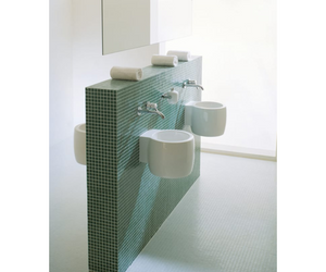 Designed by Benedini Association for Agape  The Cheese white ceramic washbasin has a full and compact shape, ideal for a small bathroom with a great personality.  Actual product may vary from images shown on website. Please contact info@rifugiomodern.com for fabric and finish samples.