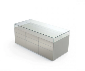 A double-sided display system available in various dimensions, designed for home settings, as well as walk in closets or public spaces. Realized in transparent glasses in the upper part and lacquered in the front. Dolmen combines drawers with push and pull opening and lacquered open modules.  Actual product may vary from images shown on website. Please contact info@rifugiomodern.com for finish and fabric samples.