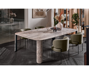 Designed by Massimo Castagna Table in 20mm Arabescato Orobico Rosso satin marble. Also available in brushed Ceppo di Gré® or natural polished Bianco Carrara Gioia marble. “Dark” hand burnished metal details.  Inches (W x D x H) 67" x 67" x 29¼" 67" x 51¼" x 29¼" 102½" x 51¼" x 29¼" 102½" x 67" x 29¼"  Actual product may vary from images shown on website. Please contact info@rifugiomodern.com  for fabric and finish samples.