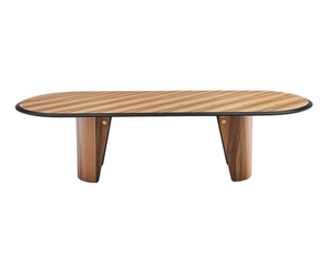 Designed by Pietro Russo Table with top in “Color” Frisè walnut wood inlay with 40mm black beveled edge. Curved base with bright brass button. Actual product may vary from images shown on website. Please contact info@rifugiomodern.com  for finish samples. 