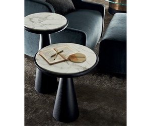 Designed by Studio G & R  Coffee table in black open pore stained solid wood. Smoked “Grigio Italia” mirrored top. Also available in “Antique 1” mirror, natural polished Calacatta Vagli Oro or Verde Alpi marble.  Marble top Cm (Ø x H) S 46 x 51 L 38 x 64  Inches (Ø x H) S 18¼" x 20¼" L 15" x 25¼"  Actual product may vary from images shown on website. Please contact info@rifugiomodern.com  for finish samples.