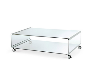 Designed by Pierangelo Galotti Coffee table on castors in 8mm transparent, extralight or smoked “Grigio Italia” tempered glass. Bright stainless steel metal parts. Satin stainless steel, bright, satin or embossed white or black lacquered brass metal parts on request. Available version without castors.  Inches (W x D x H) 31½" x 31½" x 16¾" 39½" x 21½" x 16¾" 51¼" x 21½" x 16¾" 55¼" x 31½" x 16¾"  Actual product may vary from images shown on website. Please contact info@rifugiomodern.com  for finish samples.