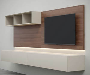 People TV Wall Unit with Wall Panels in Burnt Oak (Rovere Borgogna), Open Modules and Flap Door Storage Modules in Matt Lacquered Grey (Roccia). Led Lighting and Cable Grom
