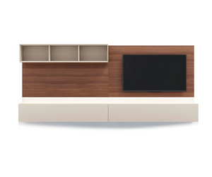 People TV Wall Unit with Wall Panels in Burnt Oak (Rovere Borgogna), Open Modules and Flap Door Storage Modules in Matt Lacquered Grey (Roccia). Led Lighting and Cable Grom