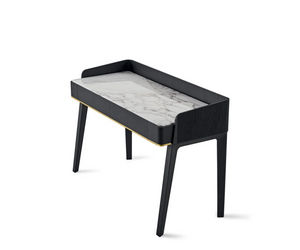 Designed by Carlo Colombo for Gallotti&Radice Writing desk in open pore black stained solid ash with hand-knurled band. Top in natural glossy Calacatta Vagli Oro marble or in 12mm liquorice back-painted glass in the bright or satin version. Equipped with two fully extractable drawers, with bottom in Gray 020 suede leather. Actual product may vary from images shown on website. Please contact info@rifugiomodern.com  for finish and fabric samples.