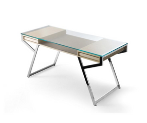 Designed by Paolo Maria Fumagalli for Gallotti&Radice Desk with top in 12mm transparent or extralight tempered glass with structure in polished or satin stainless steel. Also available in 12mm tempered “grigio Italia” glass with burnished lacquered metal structure.  Actual product may vary from images shown on website. Please contact info@rifugiomodern.com  for finish and fabric samples.
