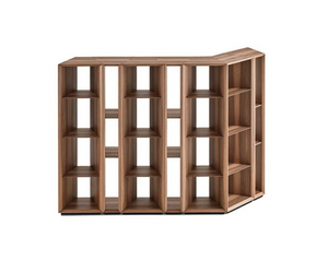 Designed by david / nicolas for Gallotti&Radice Modular column bookcase in Walnut color Frisé wood. Metal parts in satin brass. Available version with two and three shelves. By placing two or more columns side by side, compositions of different sizes can be created. 83 x 40 x 183 (three shelves version) Actual product may vary from images shown on website. Please contact info@rifugiomodern.com  for finish and fabric samples.