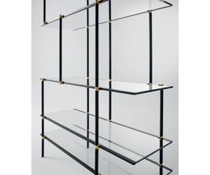 Designed by Luca Nichetto for Gallotti&Radice Modular bookcase with black anodized aluminum structure and satin brass shelf supports. Tops in 8mm extralight tempered glass. Also available in 8mm "grigio Italia" crystal. Actual product may vary from images shown on website. Please contact info@rifugiomodern.com  for finish and fabric samples.