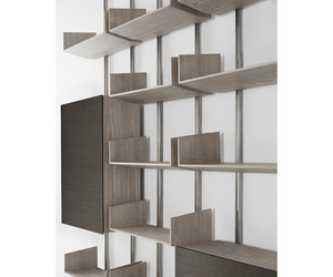 Designed by Massimo Castagna for Gallotti&Radice Bookcase with vertical uprights in satin nickel-plated brass. Shelves in clay-stained or black-stained open pore ash. Storage units with door or flap, with hand-decorated tempered glass fronts, in the Decò or Craquelé finish. Also available with tempered glass fronts painted in the colors of the samples, in the bright or satin version. Actual product may vary from images shown on website. Please contact info@rifugiomodern.com  for finish and fabric samples.