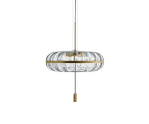 Designed by Massimo Castagna for Gallotti&Radice  Suspension lamp with dimmable LED light composed of two mouth-blown Murano glass caps. Metallic details in satin brass. Supplied with 4mt cable to adjust the height.  Cm (Ø x H) 60 × 62  Actual product may vary from images shown on website. Please contact info@rifugiomodern.com  for finish and fabric samples.