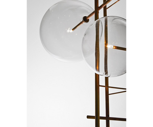 Designed by Massimo Castagna for Gallotti&Radice  Suspension lamp with dimmable LED light with 6 or 8 transparent mouth blown crystal spheres. Metal parts in hand burnished brass. Supplied with 4mt cable to adjust the height. Bulbs (LED) included.  Cm (L x P x H) 85 x 70 x 100 6-ball version 85 x 75 x 180 8-ball version  Actual product may vary from images shown on website. Please contact info@rifugiomodern.com  for finish and fabric samples.