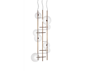 Designed by Massimo Castagna for Gallotti&Radice  Suspension lamp with dimmable LED light with 6 or 8 transparent mouth blown crystal spheres. Metal parts in hand burnished brass. Supplied with 4mt cable to adjust the height. Bulbs (LED) included.  Cm (L x P x H) 85 x 70 x 100 6-ball version 85 x 75 x 180 8-ball version  Actual product may vary from images shown on website. Please contact info@rifugiomodern.com  for finish and fabric samples.