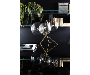 Designed by Massimo Castagna for Gallotti&Radice  Table lamp with dimmable LED light with 3 transparent mouth blown crystal spheres. Metal parts in hand burnished brass. Dimmer on the power cable. Bulbs (LED) included.  Cm (L x W x H) 58 x 52 x 44  Actual product may vary from images shown on website. Please contact info@rifugiomodern.com  for finish and fabric samples.