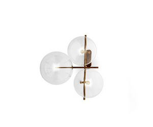 Designed by Massimo Castagna for Gallotti&Radice  Wall or ceiling lamp with dimmable LED light with 3 transparent mouth-blown crystal spheres. Metal parts in hand burnished brass. Bulbs (LED) included.  Cm (L x W x H) 58 x 54.5 x 60  Actual product may vary from images shown on website. Please contact info@rifugiomodern.com  for finish and fabric samples.