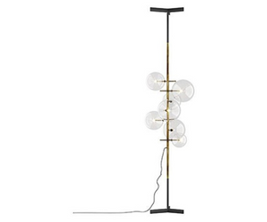 Designed by Massimo Castagna for Gallotti&Radice  Telescopic floor-ceiling lamp with dimmable LED light equipped with 7 transparent mouth-blown crystal spheres. Structure of the light body in hand burnished brass. Telescopic part in dark burnished metal. Adjustable height from 260 to 320cm with ceiling fixing system.  Cm (L x W x H) 65.5 x 69.5 x 320  Actual product may vary from images shown on website. Please contact info@rifugiomodern.com  for finish and fabric samples.