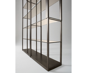 Designed by Massimo Castagna for Gallotti&Radice Shelving system in patinated bronze lacquered metal. 8mm bronze stopsol or extralight tempered glass shelves. Top also available with recessed natural polished Calacatta Vagli Oro marble (only for the versions 65h cm and 92h cm, on request). Not available in custom size. Actual product may vary from images shown on website. Please contact info@rifugiomodern.com  for finish and fabric samples.