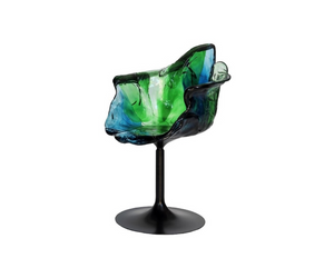 Designed by Jacopo Foggini for Edra Chair with armrests, entirely handmade in polycarbonate. It is supported by a pedestal that allows rotation which stem is black and the petals of transparent and soft hues mix green and blue or gold or anthracite, recalls the shape of a flower. Actual product may vary from images shown on website. Please contact info@rifugiomodern.com  for finish and fabric samples.