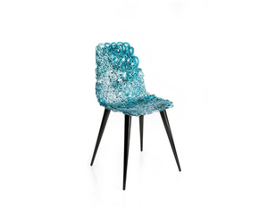 Designed by Jacopo Foggini for Edra  Play of light and see-through for this chair that has seat and back formed by a single thread that makes a precious handmade embroidery in polycarbonate.  Each piece is unique and lays on four removable  legs made of wood and painted in semi-glossy black.  Precious and elegant, it perfectly fits  in an ancient or contemporary setting.  Actual product may vary from images shown on website. Please contact info@rifugiomodern.com  for finish and fabric samples.