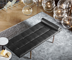 Designed by Massimo Castagna  Day bed with hand burnished brass structure with mattress in foam polyurethane covered by fabric or leather as per sample. Headrest available only for cm 200 version. Removable cover.  Inches (W x D x H) 63" x 19¾" x 14" 78¾" x 31½" x 15¾"  Actual product may vary from images shown on website. Please contact info@rifugiomodern.com  for finish and fabric samples.