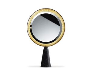 Designed by Pietro Russo  Vanity table mirror equipped with LED light (15 Watt; 108lm / w; 3000 ° K). 6mm extralight mirror with 20mm bevel. Metal parts lacquered in satin brass and base in matt polished Nero Marquinia marble.  Cm (L x W x H) 40 x 12 x 65  Actual product may vary from images shown on website. Please contact info@rifugiomodern.com  for finish samples. 
