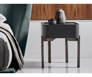 Designed by Massimo Castagna for Gallotti&Radice  Bedside table in open pore black stained ash. 6mm glass top hand-decorated in crackle finish or bright liquorice back-painted. Hand burnished brass structure.  Cm (L x W x H) A 40 x 40 x 49 B 40 x 40 x 54 C 80 x 40 x 49  Actual product may vary from images shown on website. Please contact info@rifugiomodern.com  for finish and fabric samples. 