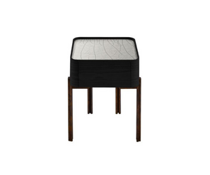 Designed by Massimo Castagna for Gallotti&Radice  Bedside table in open pore black stained ash. 6mm glass top hand-decorated in crackle finish or bright liquorice back-painted. Hand burnished brass structure.  Cm (L x W x H) A 40 x 40 x 49 B 40 x 40 x 54 C 80 x 40 x 49  Actual product may vary from images shown on website. Please contact info@rifugiomodern.com  for finish and fabric samples. 