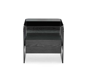 Designed by Pinuccio Borgonovo for Gallotti&Radice Bedside table with one drawer. Structure in open pore black stained ash or open pore smoke gray stained. Drawer mounted on full extension runners. Upper top and sides in “Grigio Italia” tempered glass or 10mm extralight glass. Metal parts in black anodized brushed aluminum.  Actual product may vary from images shown on website. Please contact info@rifugiomodern.com  for finish and fabric samples.