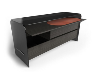 Designed by Pinuccio Borgonovo for Gallotti&Radice Chest of drawers with two large drawers, one small drawer, open compartment and pull-out top with velvet insert available in the colors of the samples. Drawers mounted on full extension runners. Structure and pull-out top in open pore black stained ash or open pore smoke gray stained.  Actual product may vary from images shown on website. Please contact info@rifugiomodern.com  for finish and fabric samples.