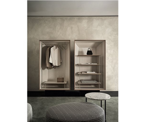 Designed by Pietro Russo for Gallotti&Radice  Open wardrobe in inlaid wood in Walnut Frisé color. Interior upholstered in white Frisé Tanganyika. Equipped with coat hanger and wooden shelf or with several shelves.  Cm (L x W x H) 100 x 57 x 180  Actual product may vary from images shown on website. Please contact info@rifugiomodern.com  for finish and fabric samples.