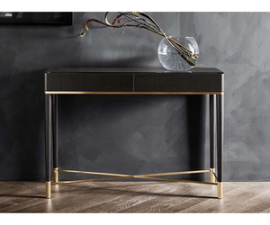 Designed by Carlo Colombo for Gallotti&Radice  Console with drawers in open pore black stained ash with satin brass lacquered metal parts. Top in 6mm tempered glass, back-painted bright licorice.  Actual product may vary from images shown on website. Please contact info@rifugiomodern.com  for finish and fabric samples.
