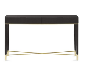 Designed by Carlo Colombo for Gallotti&Radice  Console with drawers in open pore black stained ash with satin brass lacquered metal parts. Top in 6mm tempered glass, back-painted bright licorice.  Actual product may vary from images shown on website. Please contact info@rifugiomodern.com  for finish and fabric samples.