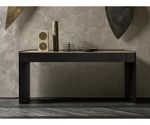 Designed by Oscar and Gabriele Buratti for Gallotti&Radice  Console in open pore black stained ash. Top in 6mm tempered glass, bright black back-painted. Also available painted in the exclusive “Cashmere” brushed finish in gold gray or anthracite colors. Full extension drawers with bottom in sand 006 suede leather.  Cm (L x W x H) 150 × 46 × 80 180 × 46 × 80  Actual product may vary from images shown on website. Please contact info@rifugiomodern.com  for finish and fabric samples.