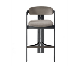 Designed by Studio G & R Stool with black lacquered open pore solid curved ash structure and anthracite grey lacquered metal footrest. Also available in natural ash, tobacco stained, white open pore stained or grey smoke open pore stained ash. Actual product may vary from images shown on website. Please contact info@rifugiomodern.com  for finish and fabric samples.