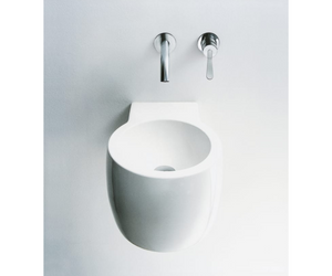 Designed by Benedini Association for Agape  The Cheese white ceramic washbasin has a full and compact shape, ideal for a small bathroom with a great personality.  Actual product may vary from images shown on website. Please contact info@rifugiomodern.com for fabric and finish samples.