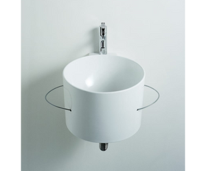 Designed by Fabio Bortolani & Ermanno Righi for Agape  Subtle irony and intelligent functionality for the Bucatini white ceramic washbasin, equipped with lateral towel rails in steel cable covered in white, black or transparent plastic. Bucatini can be complemented by a line of coordinated accessories. A complete program to furnish the bathroom with a unique style.  Actual product may vary from images shown on website. Please contact info@rifugiomodern.com for fabric and finish samples.