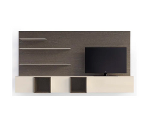 Rovere Fumo backlit wall panels and Seta matt lacquered flap door module and drawer module Borgogna backlit wall panels and Roccia matt lacquered flap door module and drawer module.