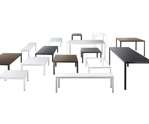 Andrés Bluth Design for bivaq. The Dats table program is available in three different heights (74, 45 and 35 cm.) and multiple sizes (from 240×100 to 90x90cm). The possibility of combining all these sizes with more than 15 different colors for the structures and the different types of tops (clear glass, painted glass, Dekton, HPL Compact, Iroko wood) allows you to choose from more than 500 possible models that will help you to adapt your table to any environment or space.