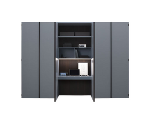 Like a treasure chest, the Amalfi wardrobe opens up to reveal its inner secrets. Not just clothes and shelves, but a home office niche for an unexpected, intimate workspace solution. The Ala desk with drawers, the shelves and open modules create a functional, compact workspace, discreetly stowed away behind doors that conceal forms and functions. Actual product may vary from images shown on website. Please contact info@rifugiomodern.com for finish and fabric samples.