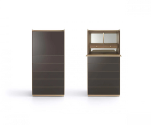 The Self collection includes the secretaire version, customizable with all the combinations for glass and structure, available in three versions: "Self", "Self up" and "Self bold". The system includes internal LED lighting system with infrared sensor device and internal power supply.  Actual product may vary from images shown on website. Please contact info@rifugiomodern.com for finish and fabric samples.