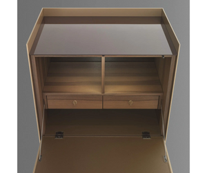 The Self collection includes the secretaire version, customizable with all the combinations for glass and structure, available in three versions: "Self", "Self up" and "Self bold". The system includes internal LED lighting system with infrared sensor device and internal power supply.  Actual product may vary from images shown on website. Please contact info@rifugiomodern.com for finish and fabric samples.