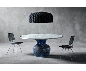 Designed by Paola Navone for Gervasoni A bold combination of materials distinguishes the Moon 34-36 family of tables: the blue ceramic base in the shape of an amphora, characterised by an irregular material surface obtained with a particular hand finish, is combined with a round top, made of cast aluminium or white Carrara marble. Actual product may vary from images shown on website. Please contact info@rifugiomodern.com for finish and fabric samples. 