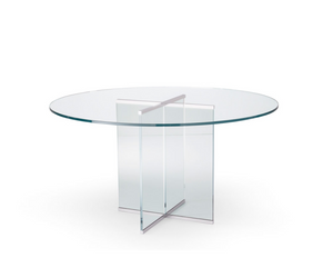 Designed by Pierangelo Galotti Table in transparent or extralight glass. Chromed metal parts. 15mm tempered glass base. For the versions from 260x120cm, the top is always in 19mm transparent glass. Customised sizes for the top on request. For glass tops larger than 240cm, two bases are recommended. Actual product may vary from images shown on website. Please contact info@rifugiomodern.com  for finish samples.
