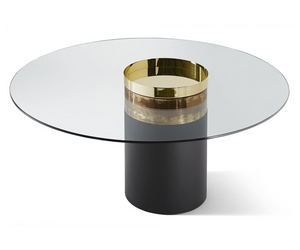 Designed by Massimo Castagna Table with 15mm transparent tempered glass top. Black or whit open pore stained ash or rust lacquered wooden base. Central cylinder in bright brass-plated, hand burnished, copper-plated, black chromed, white lacquered or bright nickel-plated metal.  Actual product may vary from images shown on website. Please contact info@rifugiomodern.com  for finish samples. 