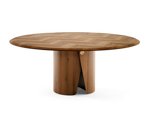 Designed by Pietro Russo Table with top in “Color” Frisè Walnut herringbone wood inlay and 60mm black beveled edge. Also available with inlay top in “Color” Frisè Walnut, dark gray Frisé Maple or white Frisè Tanganika with 60mm beveled edge in the same finish. Curved base with bright brass button. Resting lazy susan on request, available in the same finish of the top. Actual product may vary from images shown on website. Please contact info@rifugiomodern.com  for finish samples. 