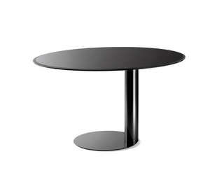 Designed by Oscar e Gabriele Buratti Table with 15mm beveled and painted glass top in the colors black, blue gray and liquorice in the bright or satin version. Top with 25mm bevel. Bright lacquered metal structure. Also available with patinated bronze painted glass top and metal structure. Actual product may vary from images shown on website. Please contact info@rifugiomodern.com  for finish samples.